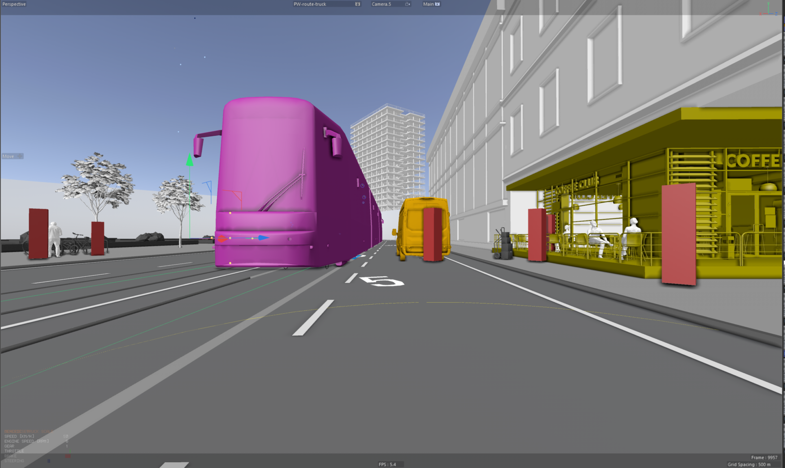 animated people placement placeholder, tram and delivery truck event