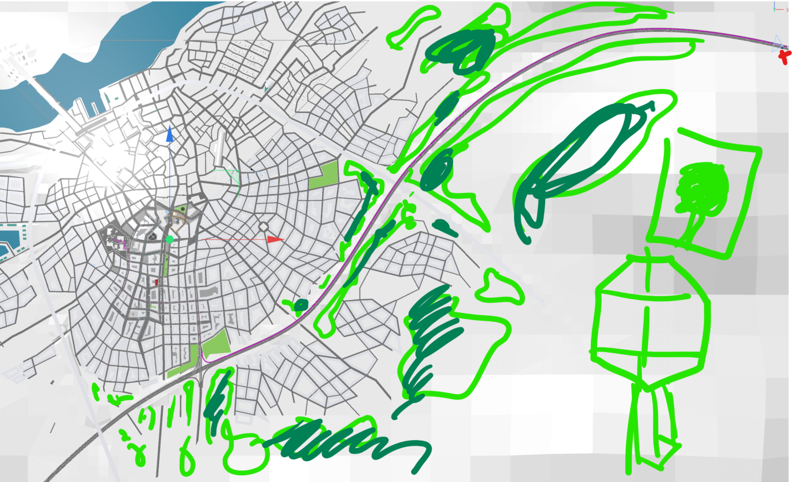 WIP sketches for greenery outside the city